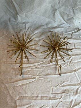 Vtg Atomic Gold Starburst Sea Urchin Metal MCM Wall Hangers/Hooks Pair ~ 9.5”